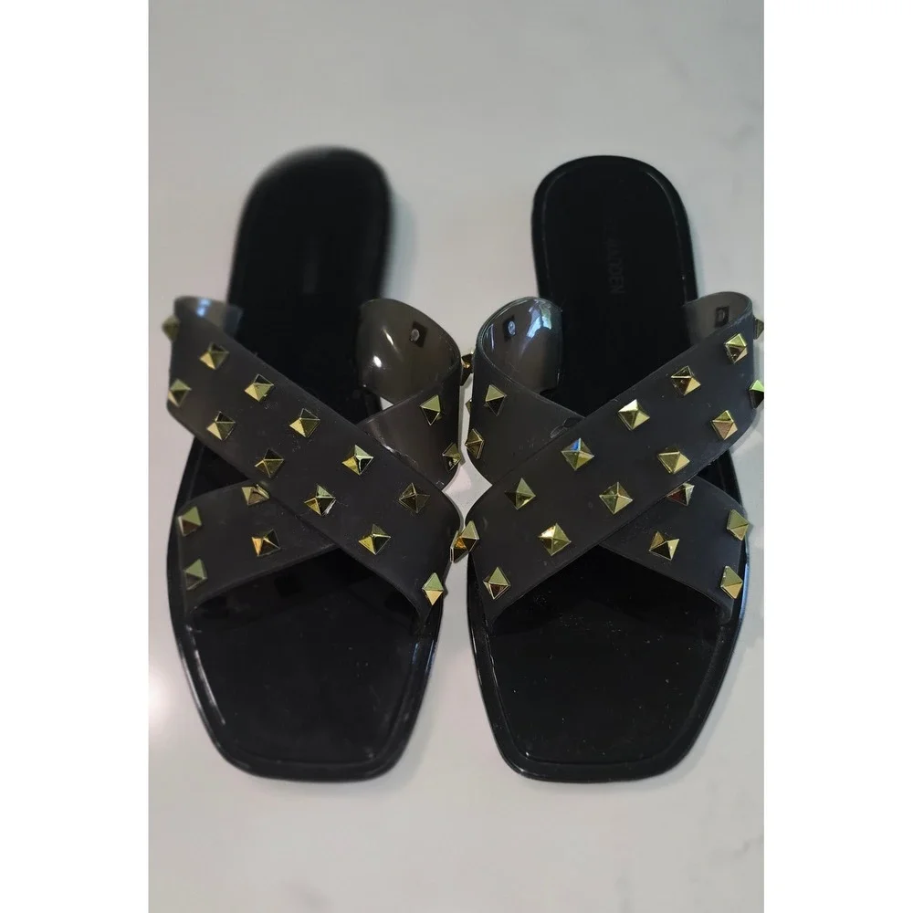 Steve Madden Skylar Black Jelly Studded Cross Strap Square Toe Slide Sandals 9